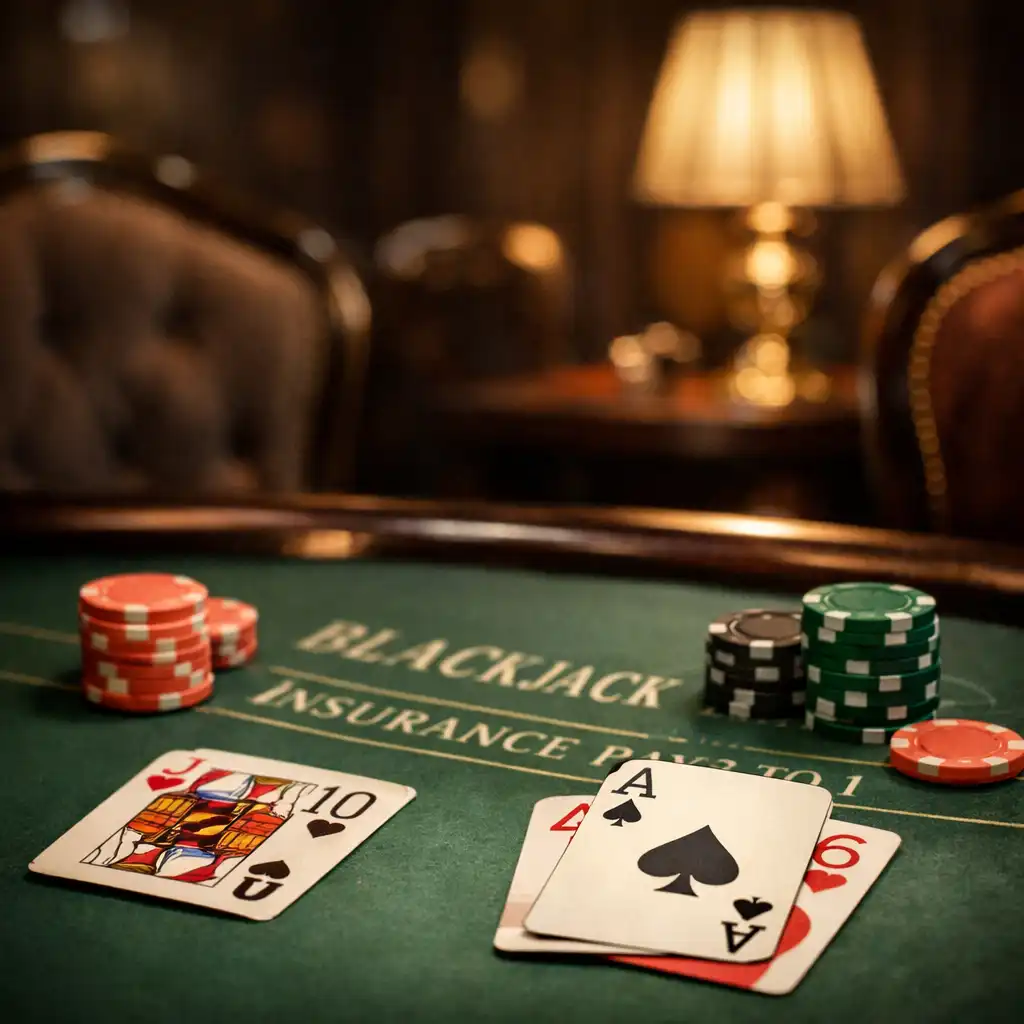 Fragment Casino Room ze stołem do blackjacka, kartami i żetonami w intymnym świetle punktowym