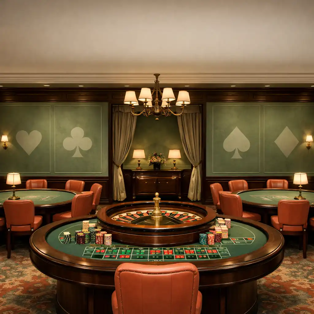 Eleganckie wnętrze Casino Room z widocznymi stołami do pokera i ruletki w ciepłym, przygaszonym oświetleniu