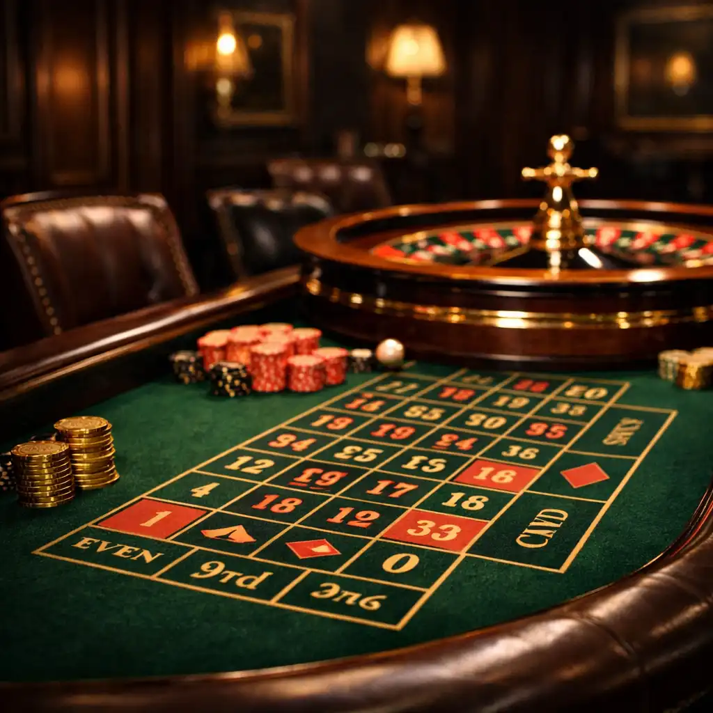 Stół do ruletki w Casino Room z zielonym blatem i złotymi akcentami