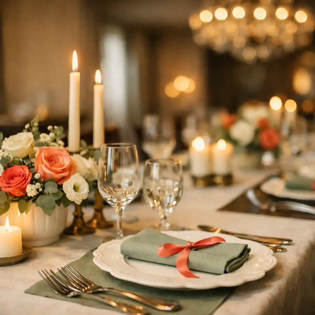 Nakryty stół w Dining Room z elegancką zastawą, świecami i kwiatami