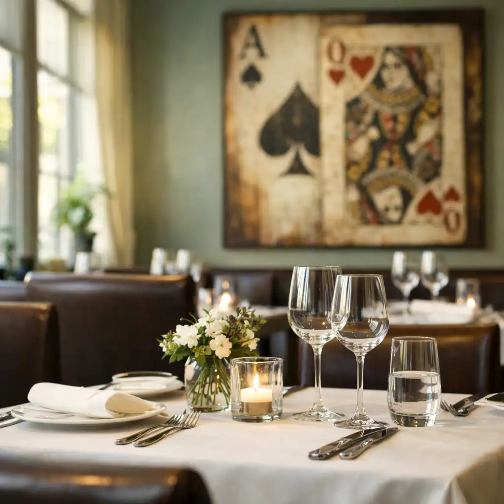 Główna sala restauracyjna The Eatery Room z elegancko nakrytym stołem, krzesłami w kolorze ciemnego brązu i szałwiowymi ścianami