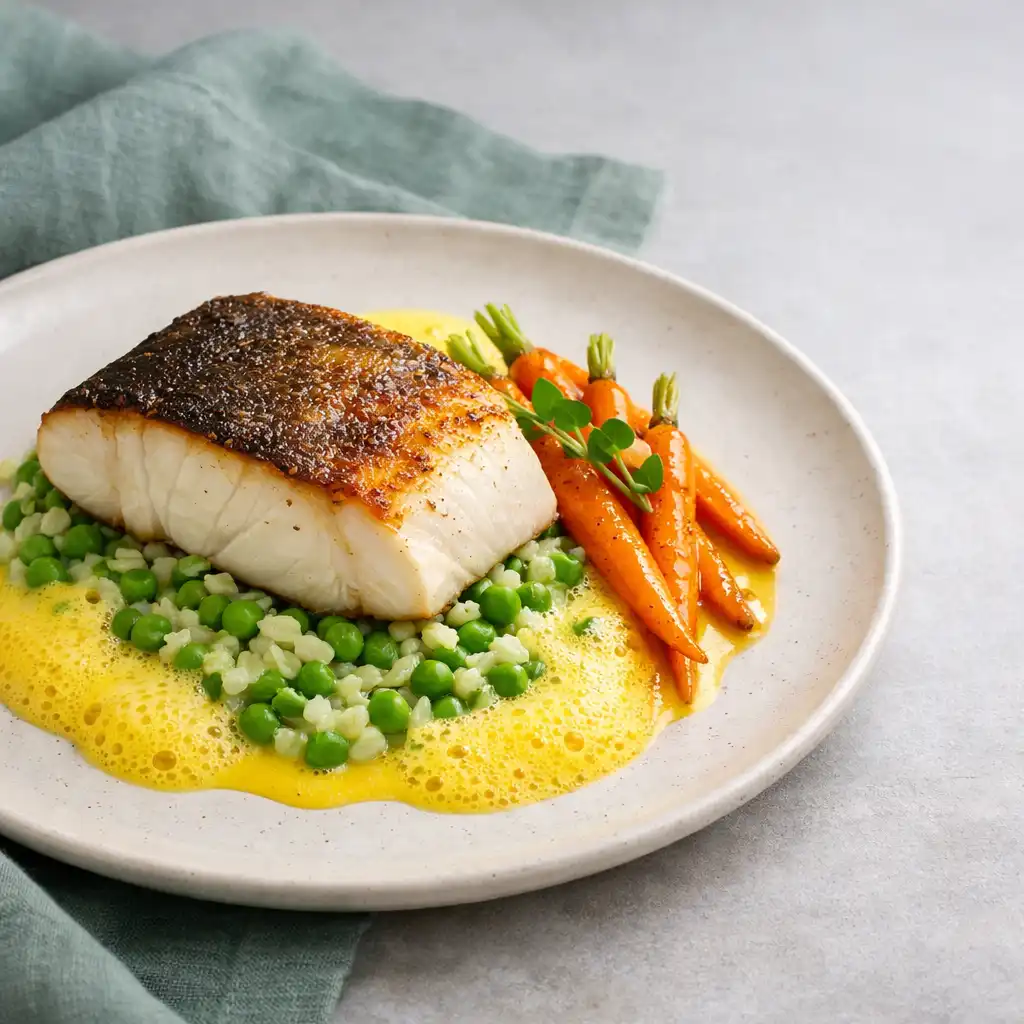 Halibut pieczony na skórze z pianą szafranową i warzywami