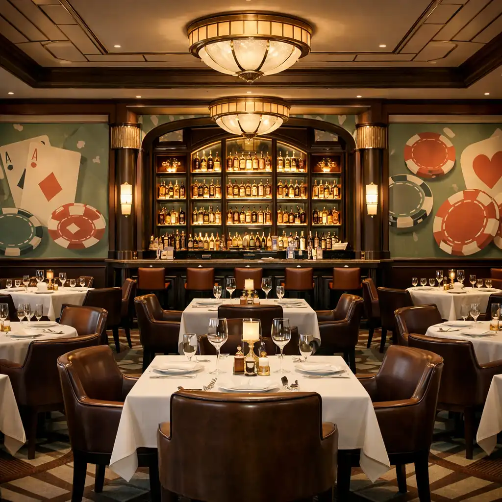 Eleganckie wnętrze restauracji The Eatery Room z ciepłym oświetleniem, drewnianymi stołami i subtelnymi motywami kart