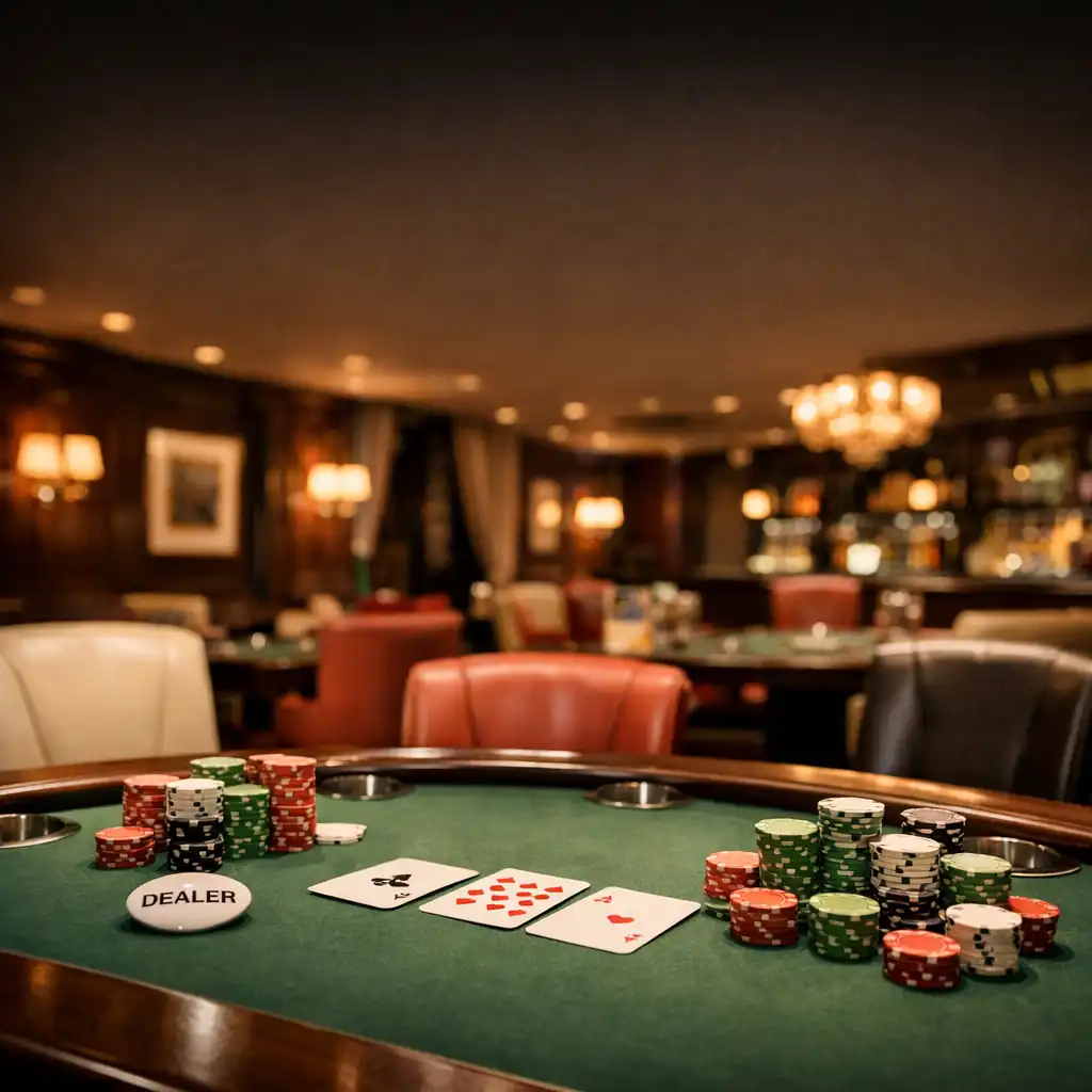 Elegancki stół pokerowy z zielonym suknem, żetonami i kartami w ciepłym oświetleniu Poker Room