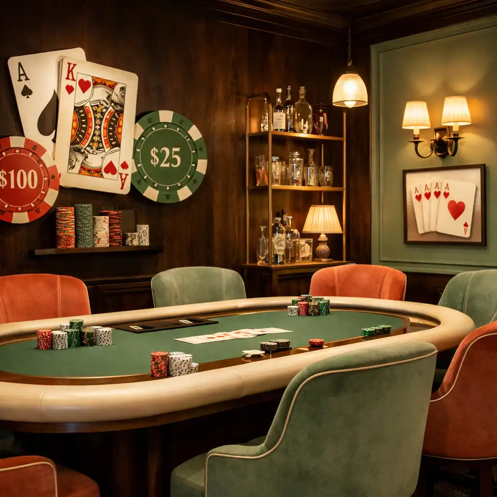 Wnętrze Poker Room z widokiem na stół, krzesła i dekoracyjne elementy w ciemnym brązie i szałwii