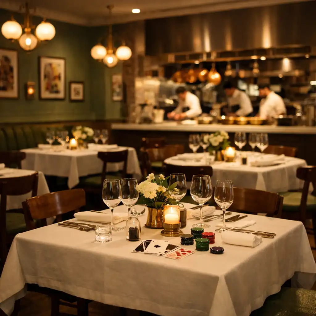 Eleganckie wnętrze restauracji The Eatery Room wieczorem, z ciepłym oświetleniem, drewnianymi stołami i subtelnymi dekoracjami kart oraz żetonów