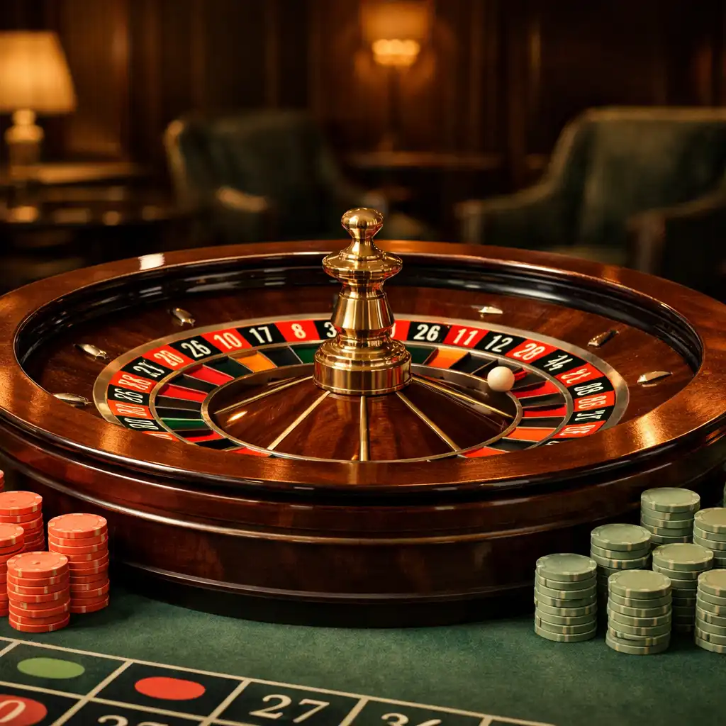 Stół do ruletki z kołem i żetonami w kolorach koralu i szałwii, w eleganckim otoczeniu Casino Room