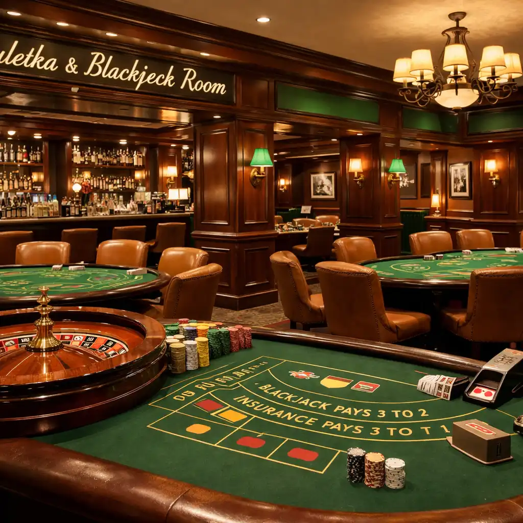 Szeroki widok na salę Ruletka & Blackjack Room z obydwoma stołami