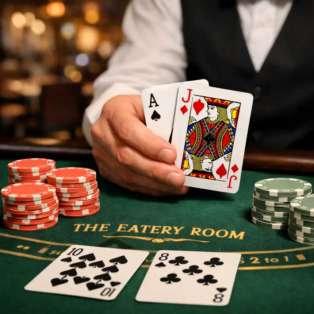 Zbliżenie na stół do blackjacka z kartami i żetonami w kolorach koralowym i szałwiowym