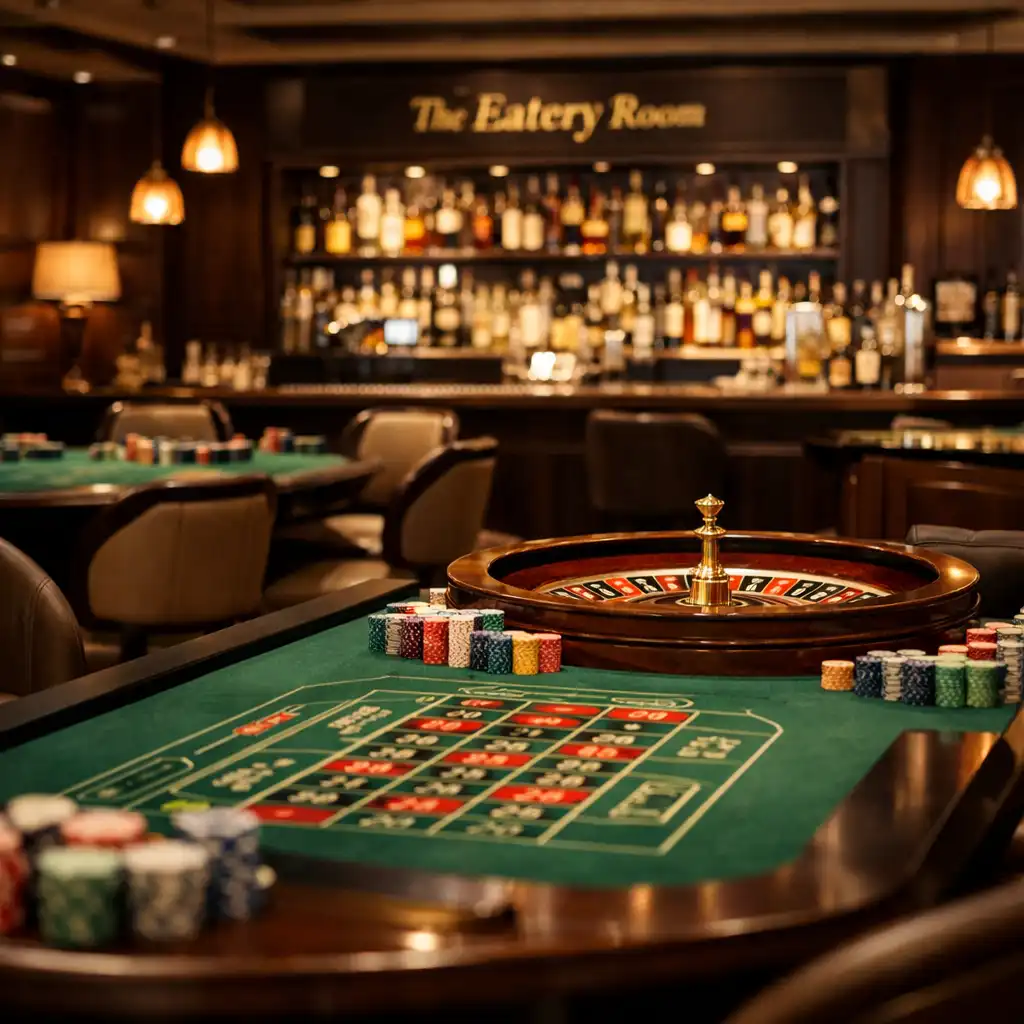 Casino Room z zielonymi stołami do ruletki i blackjacka oraz barem w tle