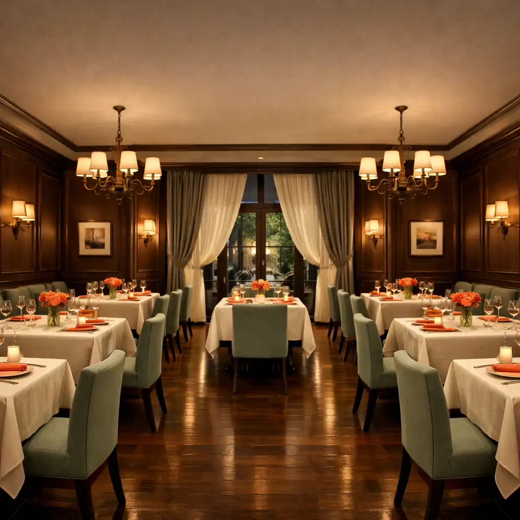 Eleganckie wnętrze Dining Room w The Eatery Room z nakrytymi stołami i ciepłym oświetleniem