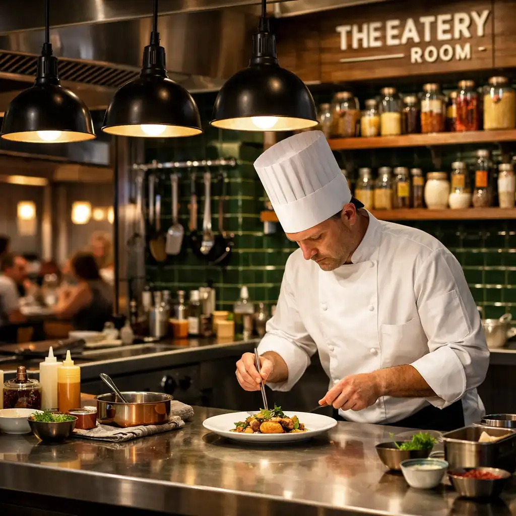 Nowoczesna kuchnia The Eatery Room z otwartym stanowiskiem szefa kuchni