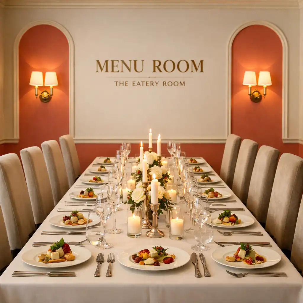 Elegancka sala Menu Room z długim stołem degustacyjnym i świecami